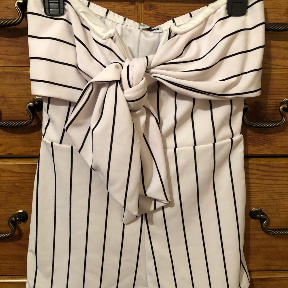 White short short romper with black stripes
